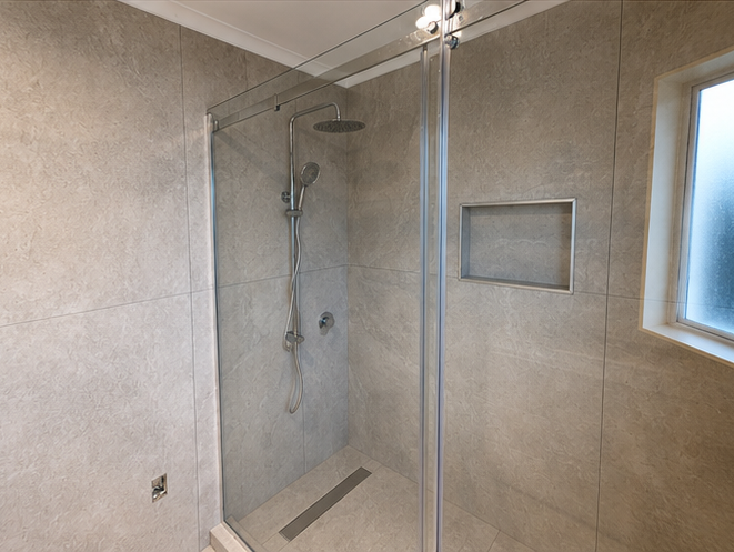 Fully renovated luxury bathroom with marble tiling, freestanding bathtub, and modern fixtures
