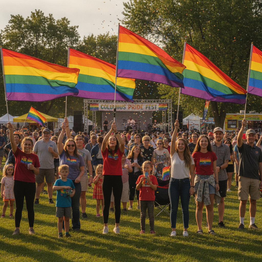 Joyful crowd waving rainbow flags celebrating Columbus Pride in the Park at Fireman's Park in Columbus Wisconsin