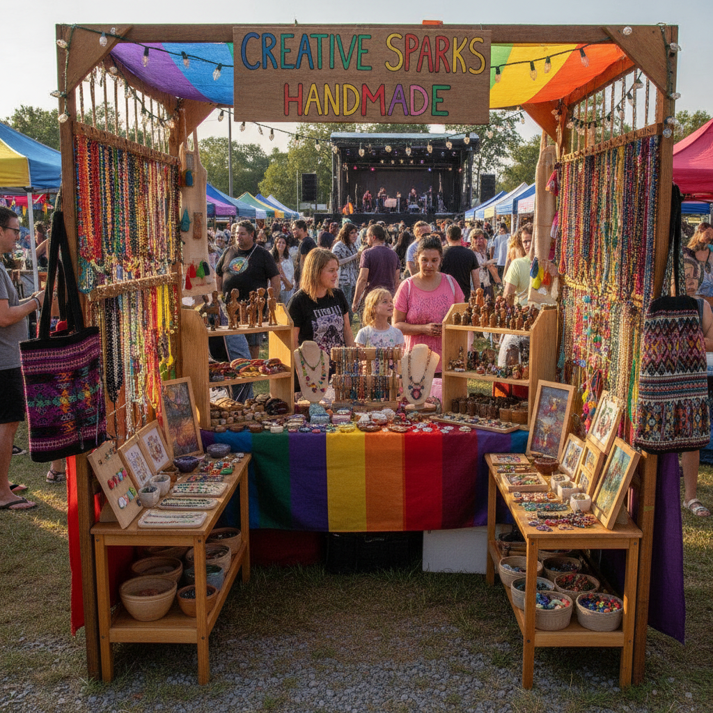 A colorful artisan vendor booth filled with handmade crafts and jewelry at a bustling community street fair