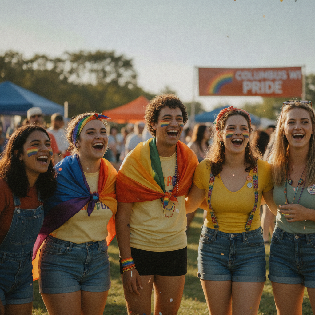 A diverse group of friends with rainbow accessories laughing together at a sunny outdoor pride festival
