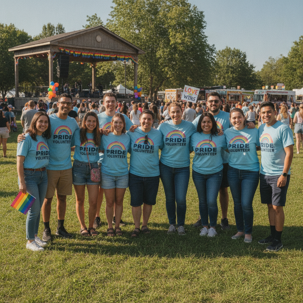 A diverse group of smiling volunteers wearing matching event t-shirts posing for a photo together