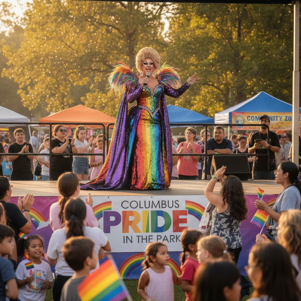 A drag queen in a spectacular outfit performing energetically on an outdoor stage to an enthusiastic crowd at a pride festival