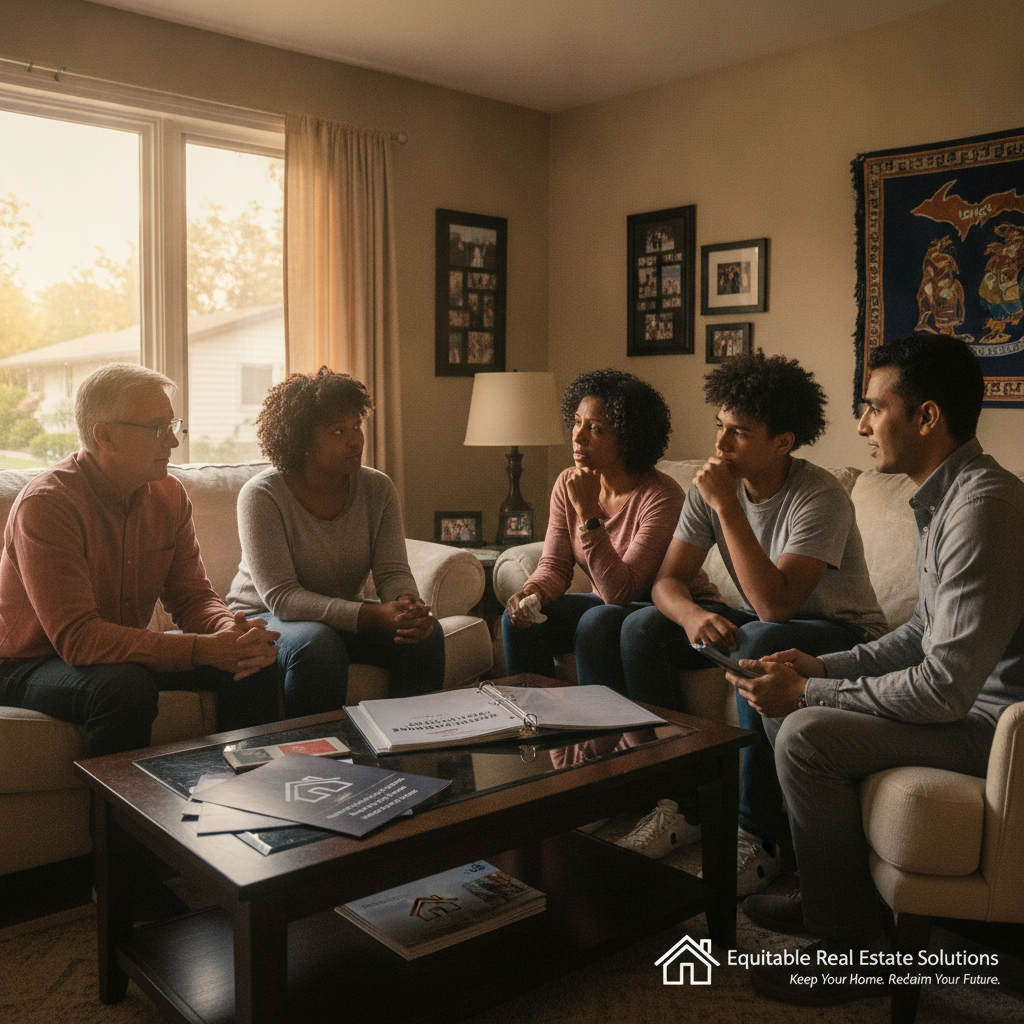 Equitable Real Estate Solutions team meeting with a Metro Detroit family inside their suburban home at golden hour