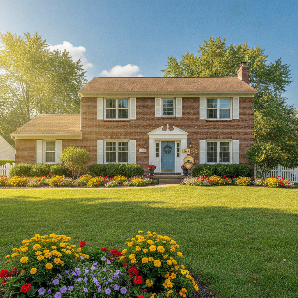 Bright, sunlit, cheerful Metro Detroit family home with vibrant blue skies, lush green lawn, blooming flowers, and warm welcoming sunlight — symbolizing hope, fresh starts, and a brighter future for homeowners