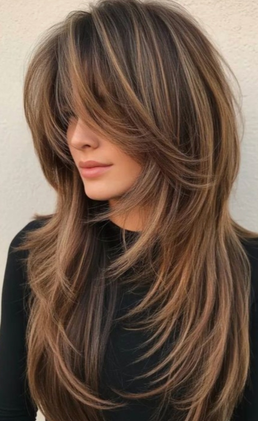 Mujer latina con cabello largo en capas perfectamente liso teñido en rubio miel con mechas caramelo money piece enmarcando el rostro
