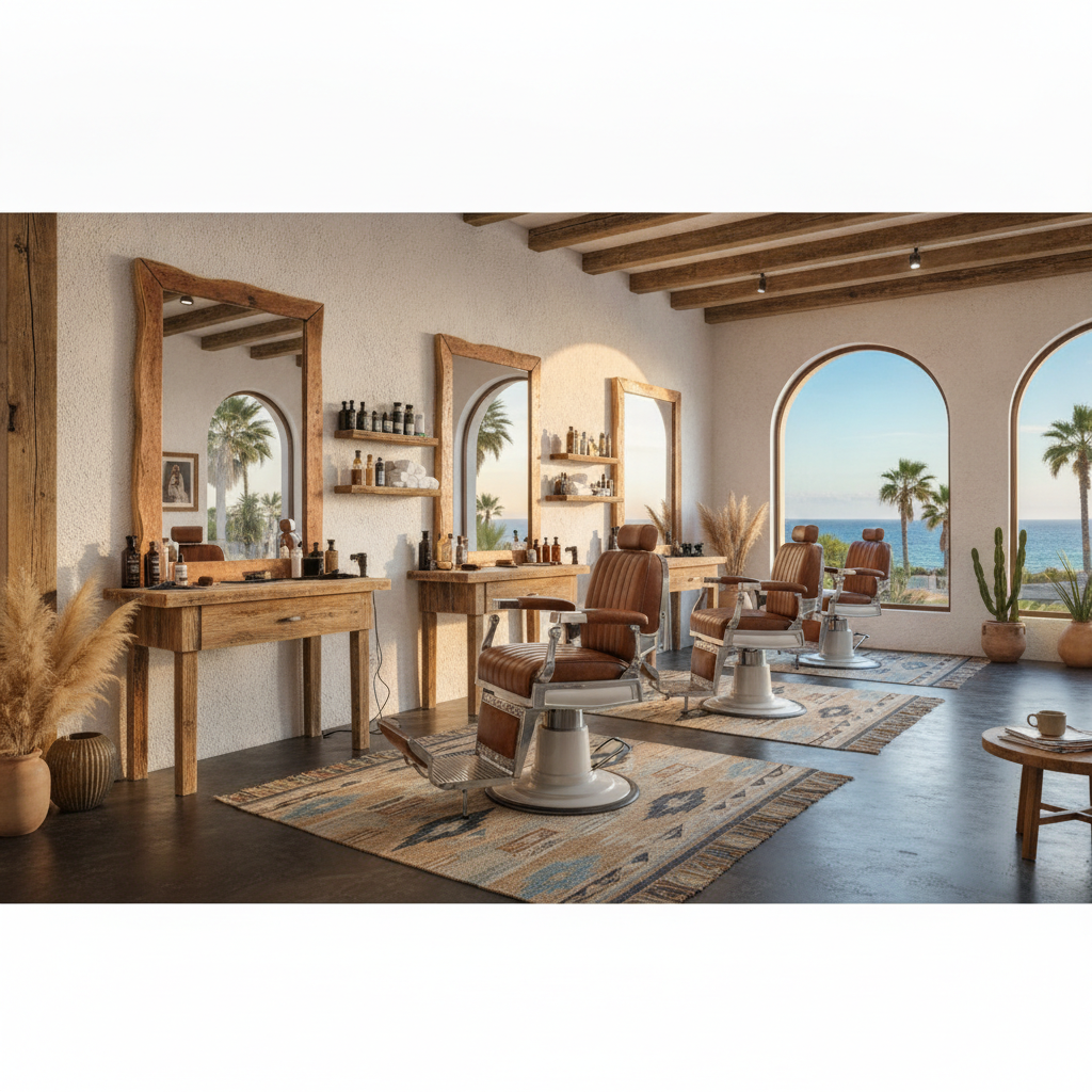 Stylish interior of a luxury barbershop in Cabo with leather chairs and rustic wood accents