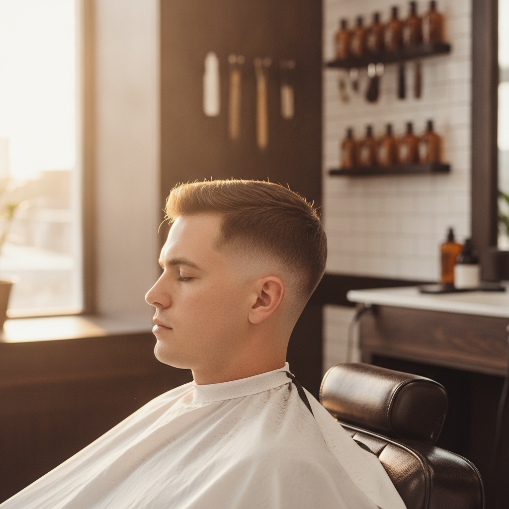Close-up of a sharp, clean fade haircut on a client in a sunlit barbershop