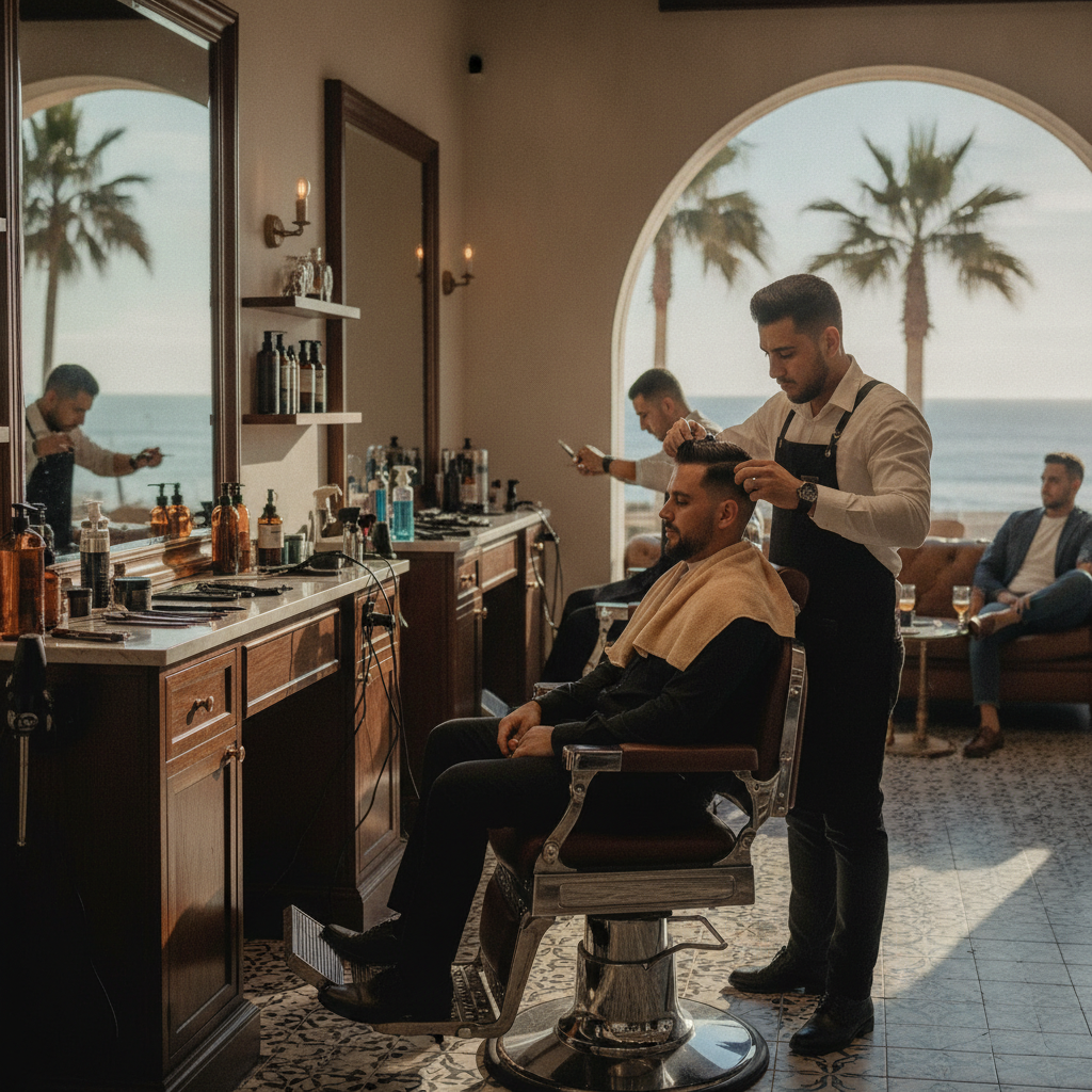 Barber meticulously sculpting a client's beard with a straight razor