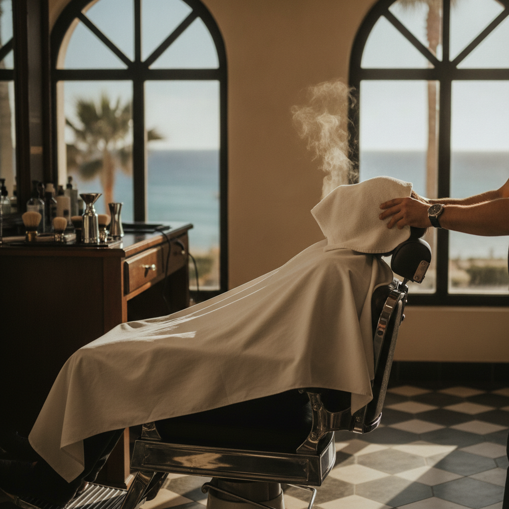 Client relaxing with a hot towel over their face before a traditional shave