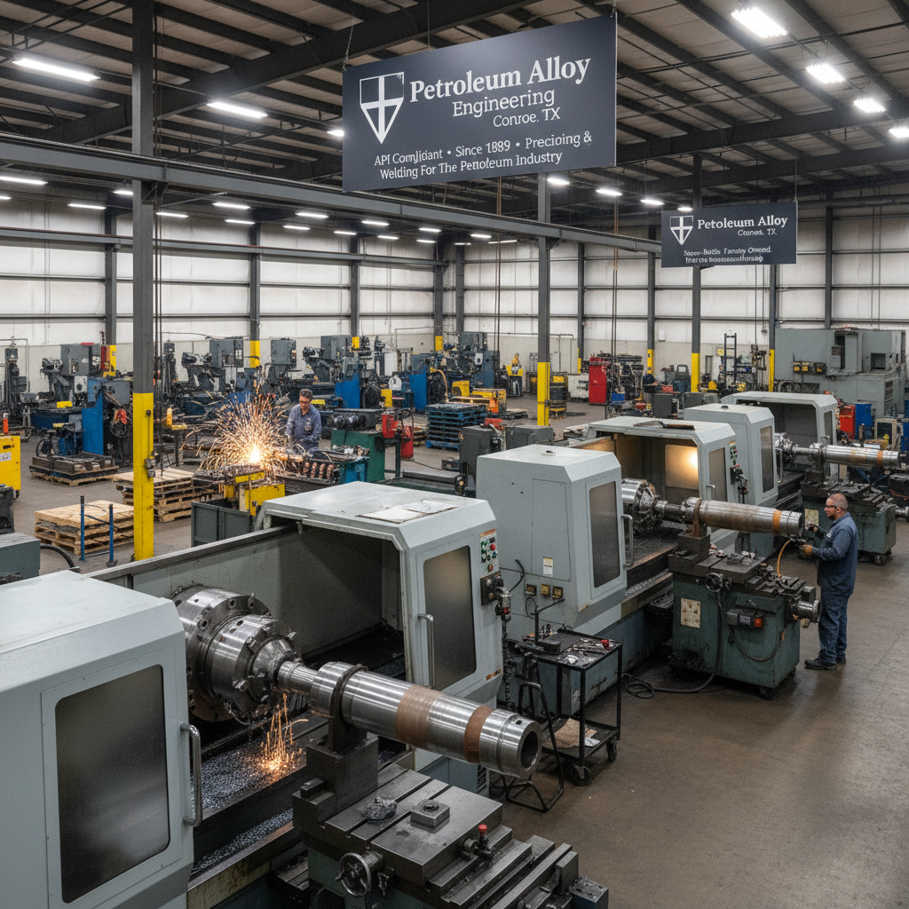 Industrial CNC machine shop floor in Conroe Texas with precision lathes, vertical mills, and oilfield component manufacturing equipment at Petroleum Alloy Engineering