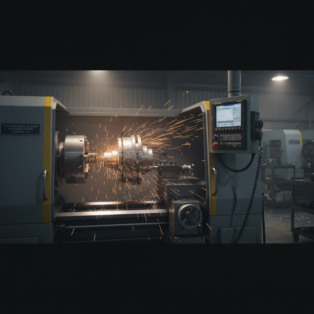 Heavy duty CNC lathe machining a precision steel oilfield component with orange sparks flying in a dark industrial machine shop