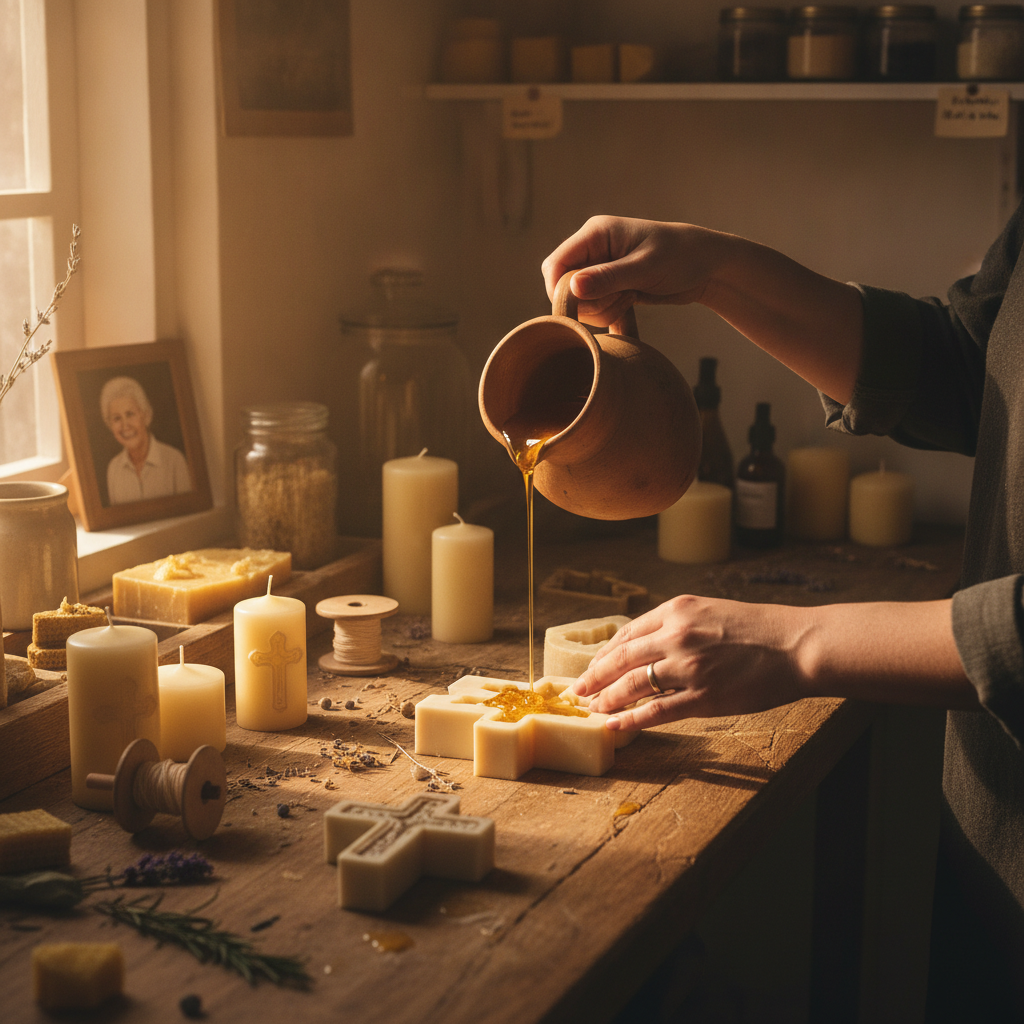 Skilled artisan hands carefully hand-pouring warm golden beeswax into a sacred candle mold in a cozy workshop