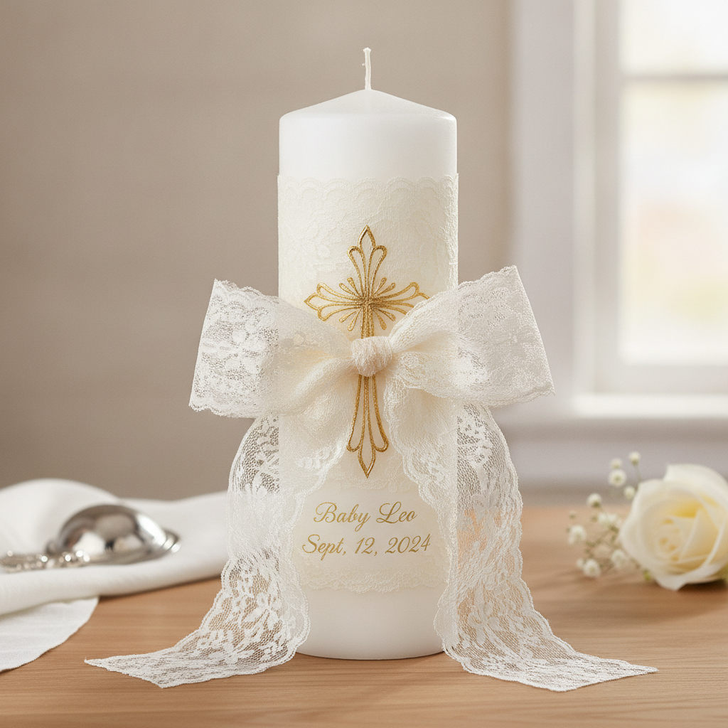 Elegant white baptism candle wrapped in delicate lace ribbon with hand-painted gold cross detail