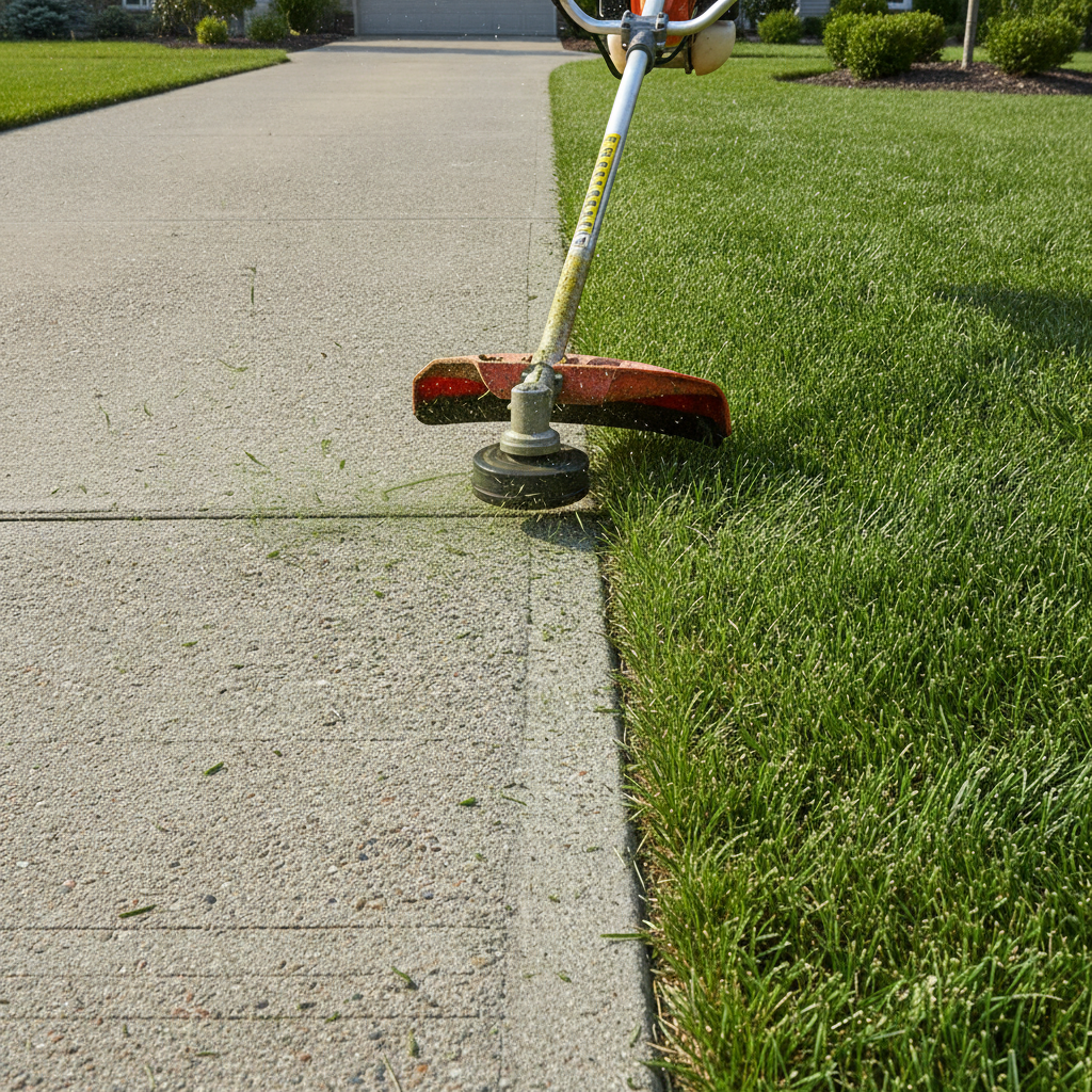 Precision weed eating and edging along a concrete driveway next to lush green grass