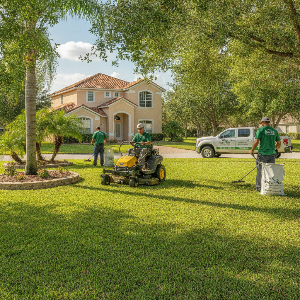 Above Par Landscaping crew working diligently on a residential lawn in Ocala Florida