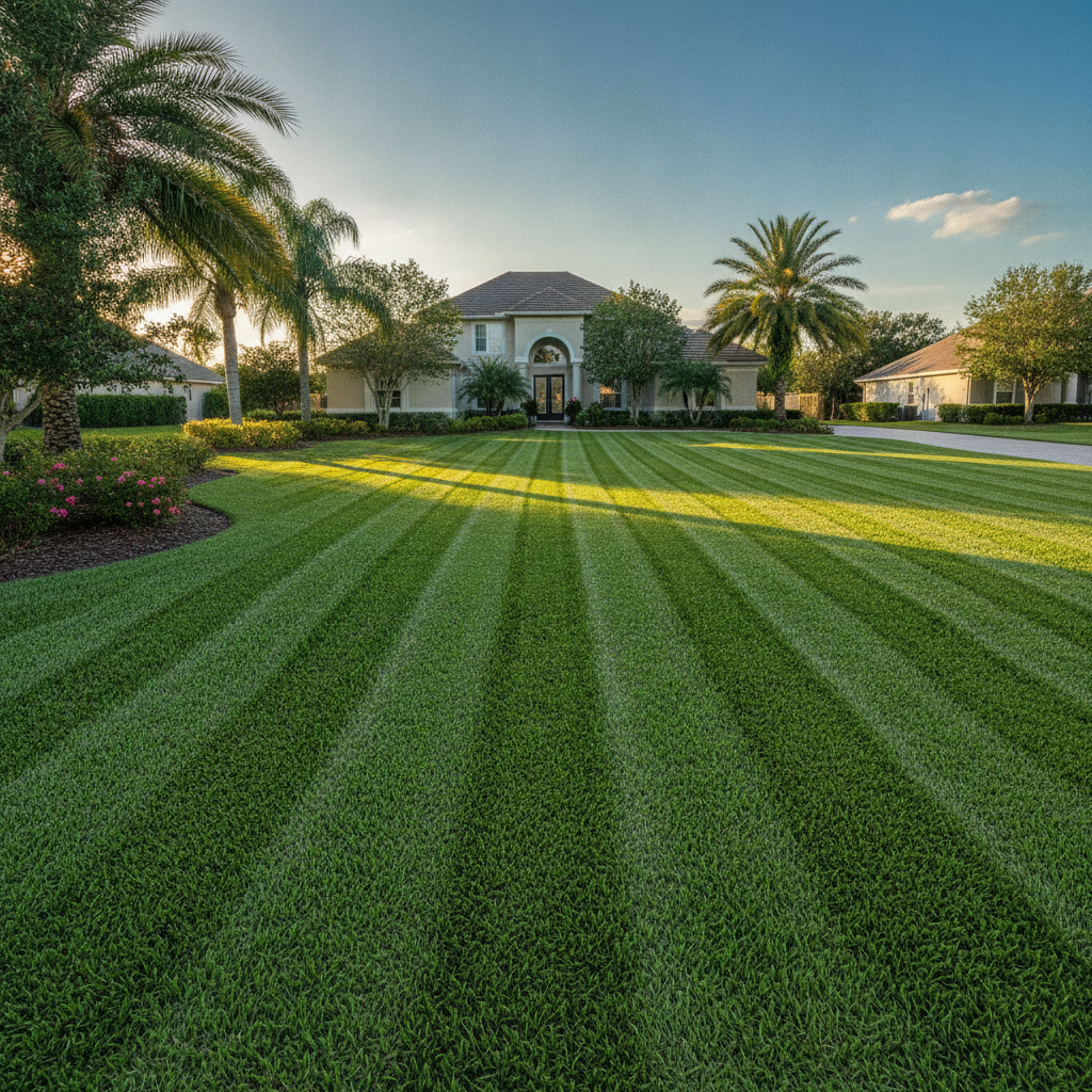 Perfectly manicured lawn with pristine stripes showing expert grass cutting and mulching in Ocala FL