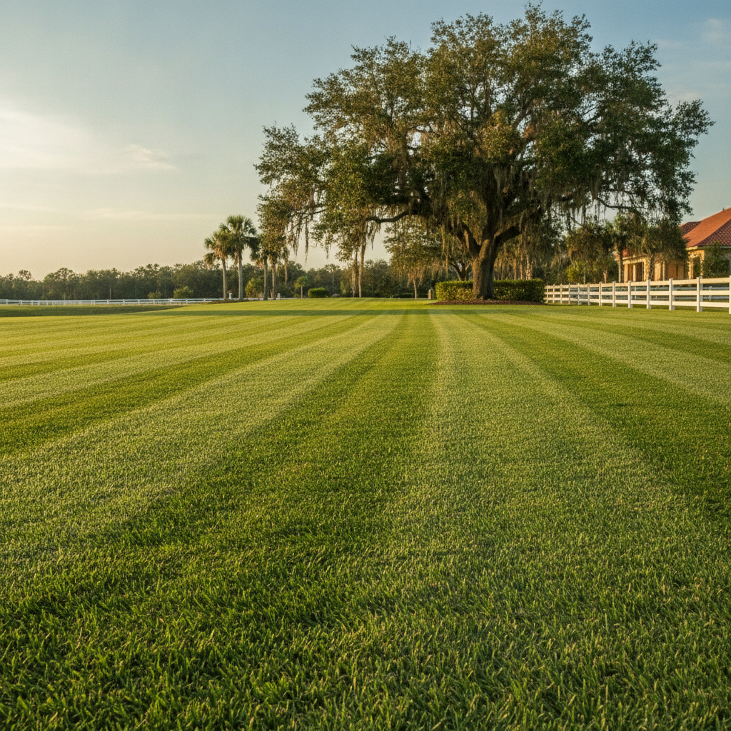 Perfectly manicured and beautifully striped green lawn in Ocala Florida