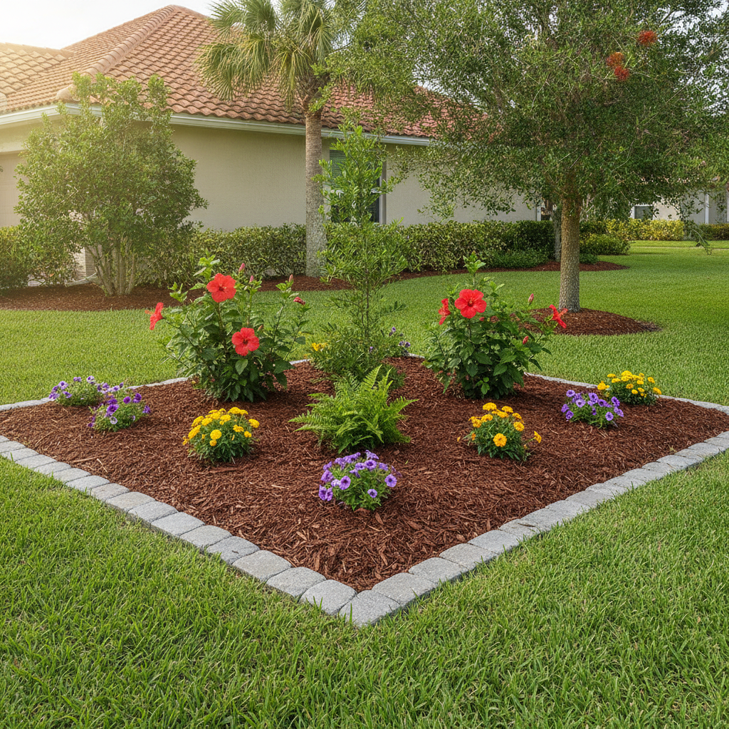 Fresh dark brown mulch expertly applied to a beautiful residential flower bed in Florida