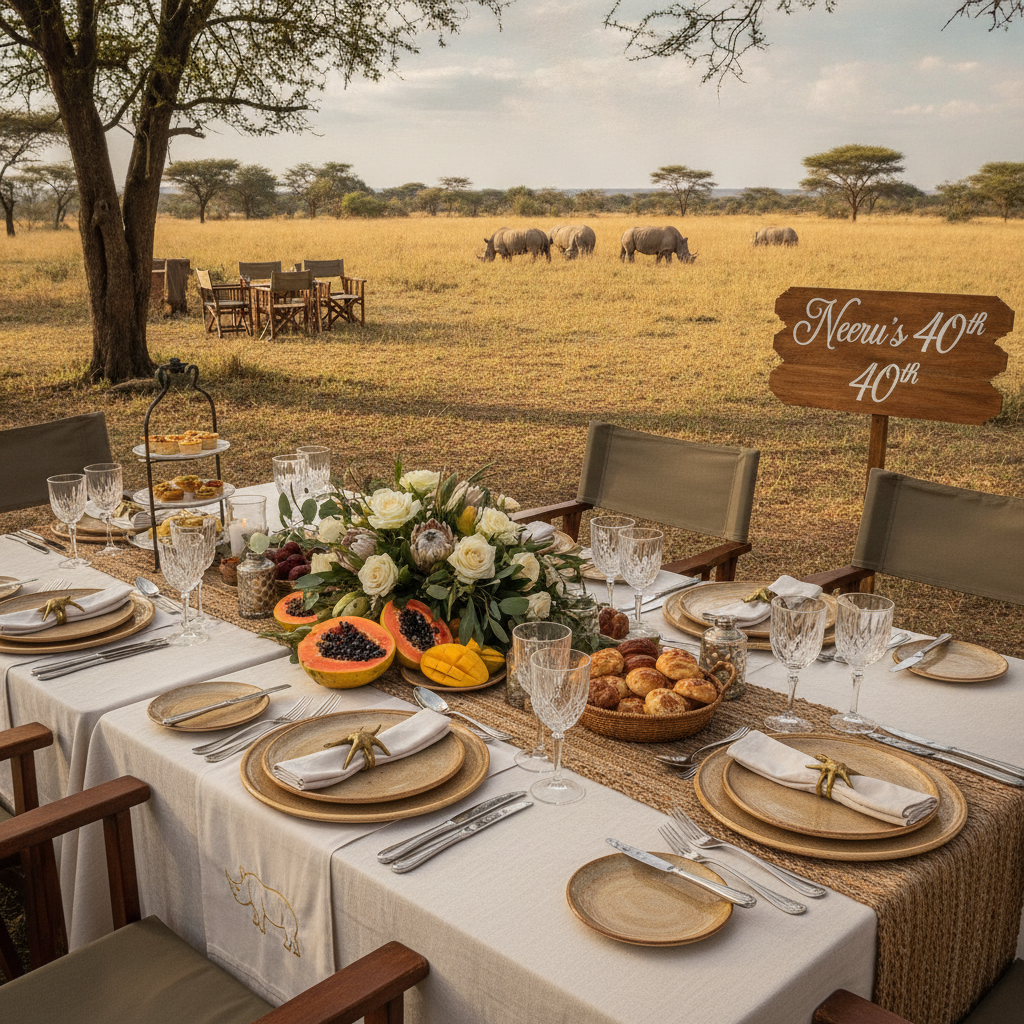Elegant bush brunch table setting with fine linens and florals in the African wilderness