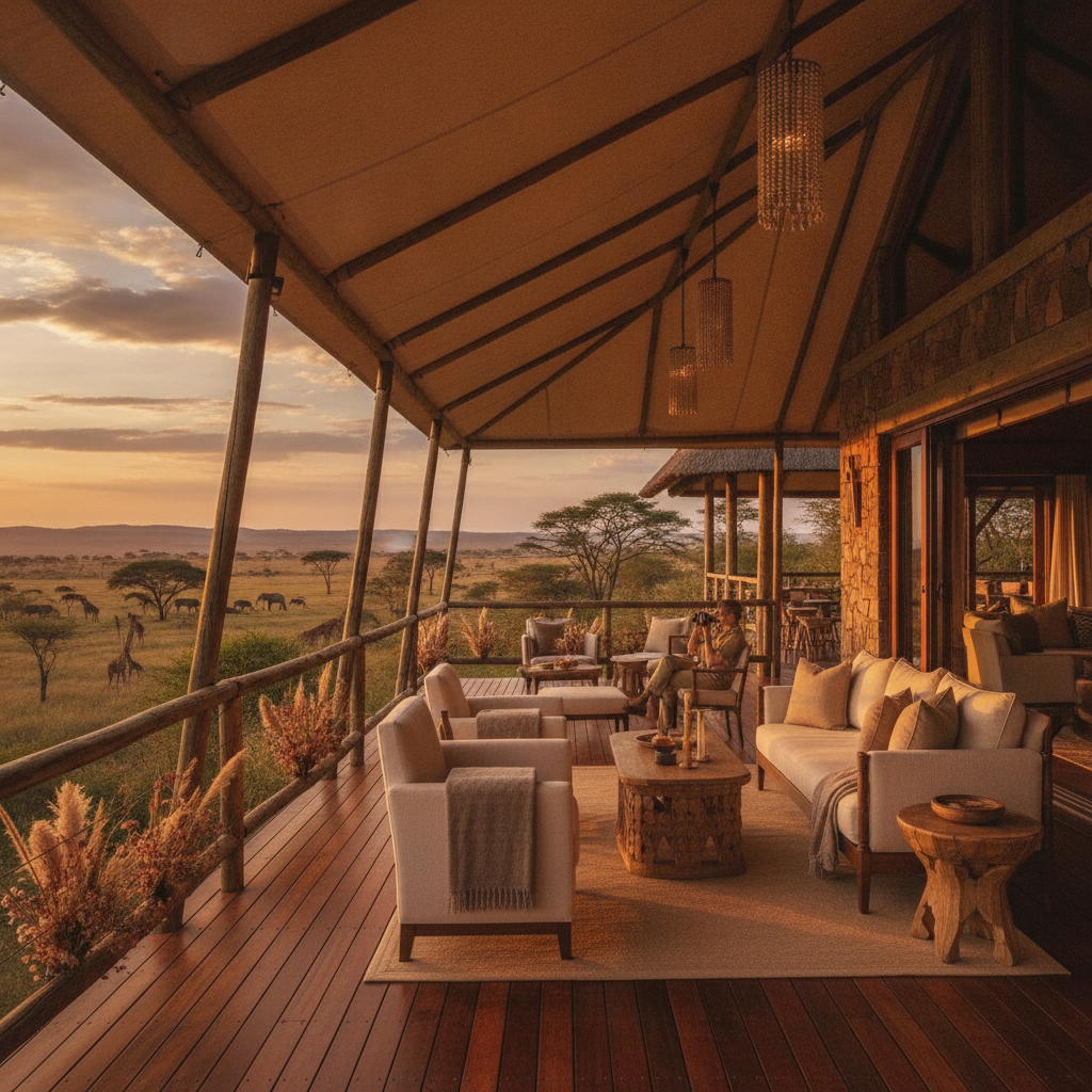Luxury safari lodge at Ritz Carlton Masai Mara with an elegant veranda overlooking the vast African plains at golden hour.