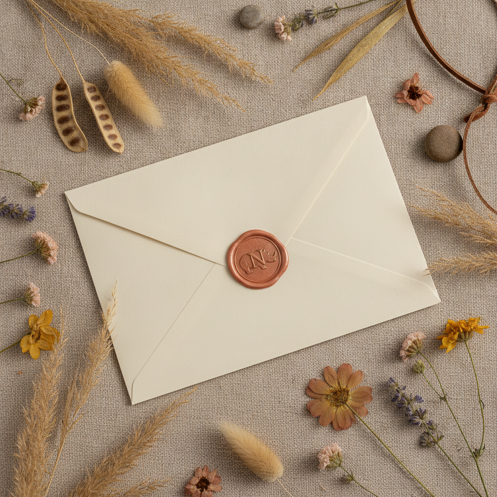 An elegant cream envelope sealed with a soft wax seal resting on natural linen fabric, accompanied by dried savanna grasses and delicate wildflowers in muted safari tones.
