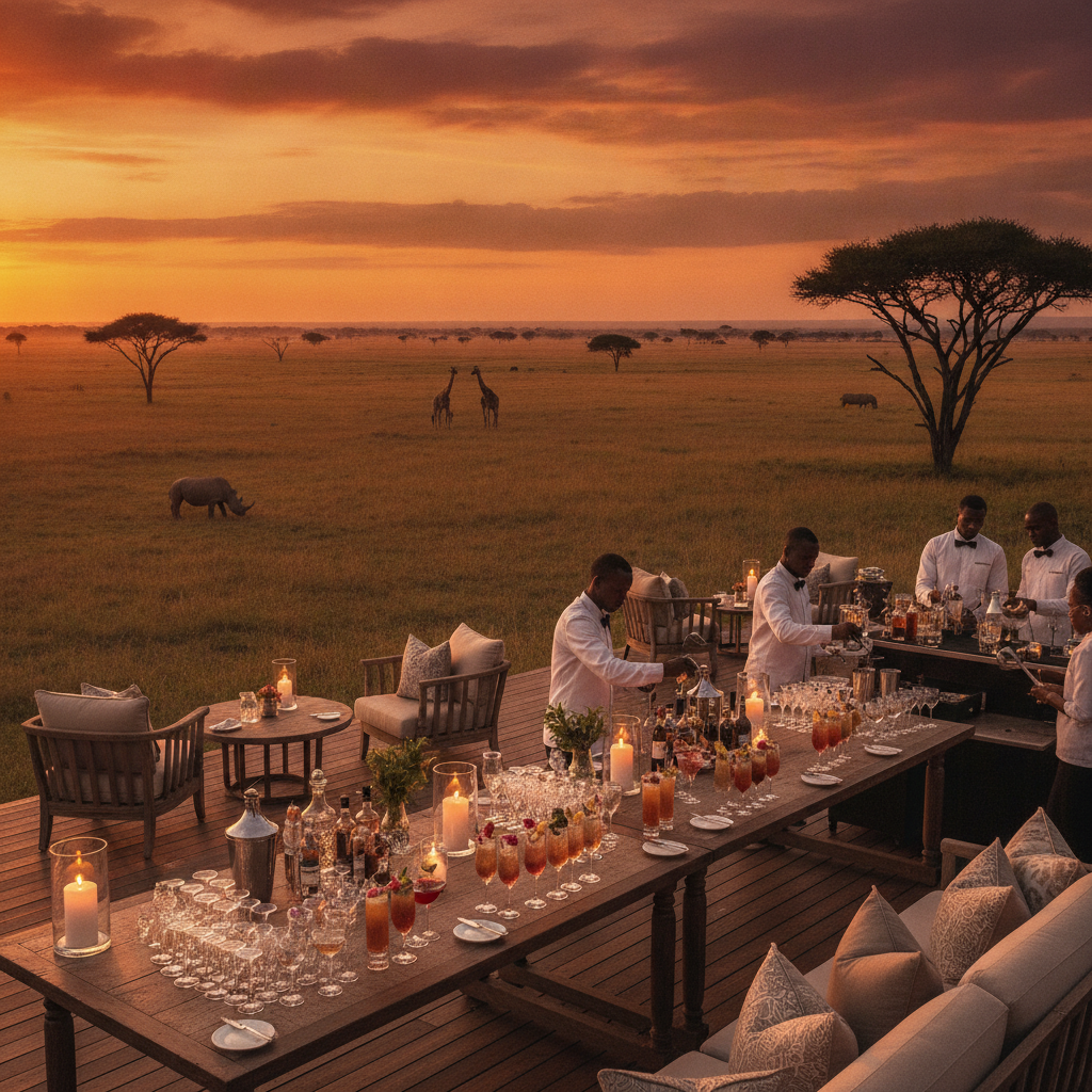 Elegant sundowner cocktails served at golden hour overlooking the Kenyan savanna plains