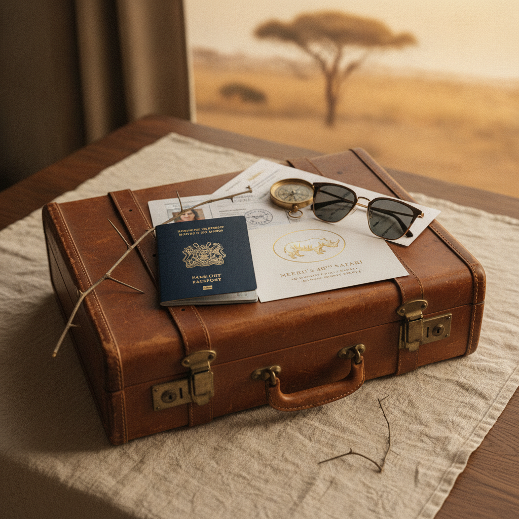 Stylized image of a vintage leather suitcase, a passport, and travel documents.