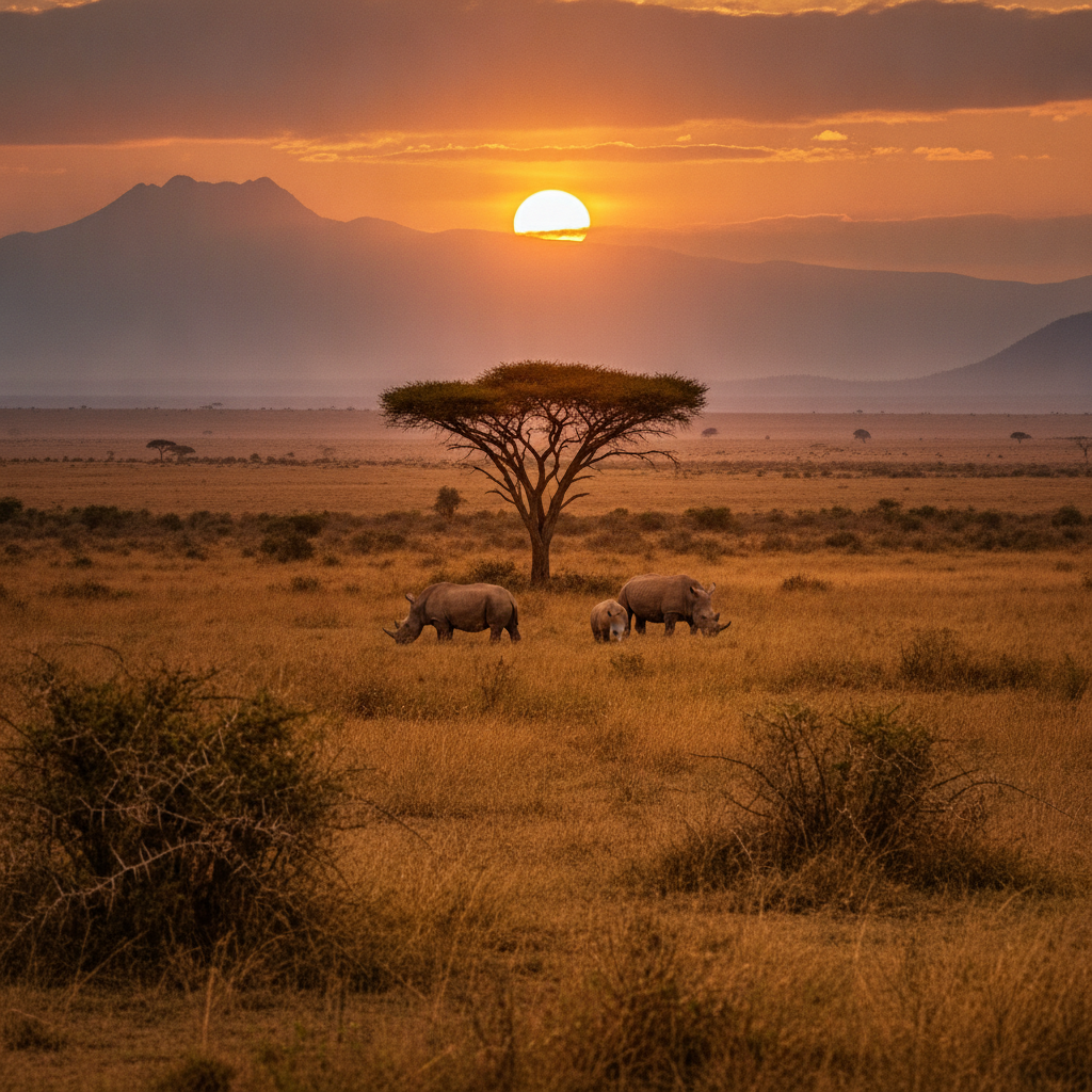 Sweeping Kenyan savanna landscape with giraffes and gazelles roaming near a lone acacia tree at golden sunset