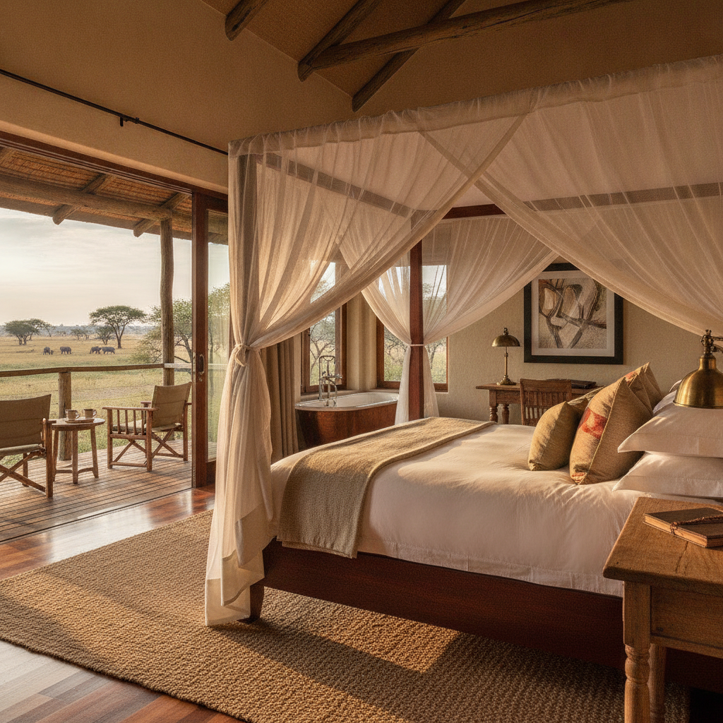 Elegant interior of a luxury safari lodge showing a four-poster bed with natural wood and linen textiles.