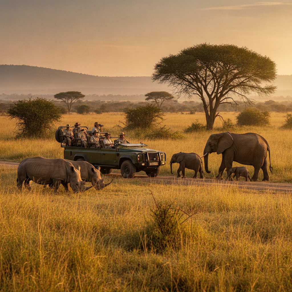 Safari game drive vehicle observing giraffes, lions, gazelles, deer, and leopards in the Solio Rhino Reserve