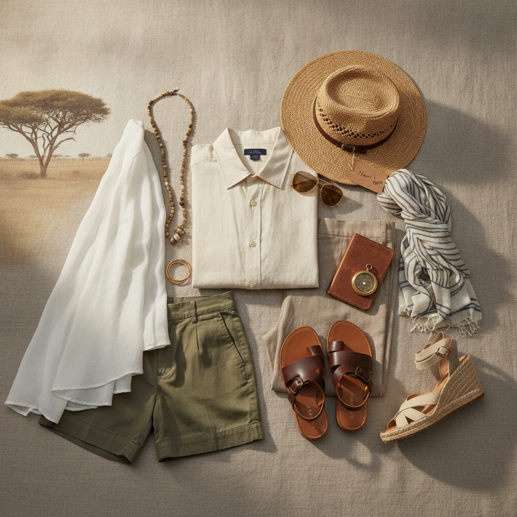 A flat lay of elegant safari attire, including linen shirts, trousers, and a wide-brimmed hat.