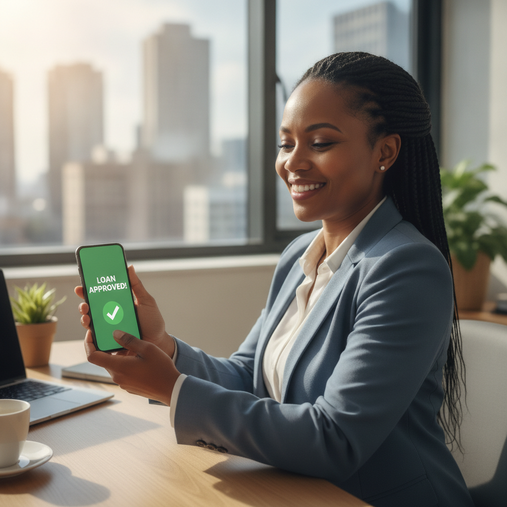 Smiling South African professional checking loan approval on smartphone