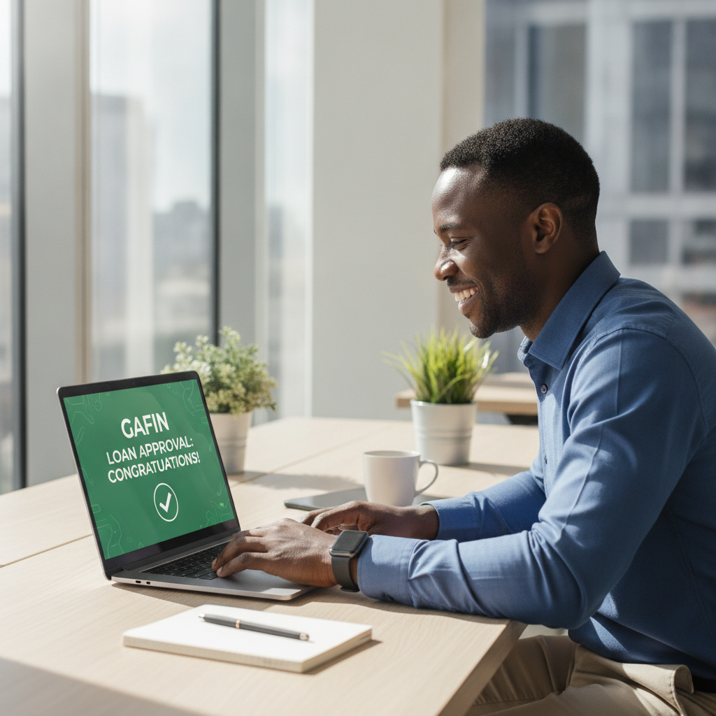 Happy South African entrepreneur checking their Gafin loan approval on a laptop in a bright, modern office