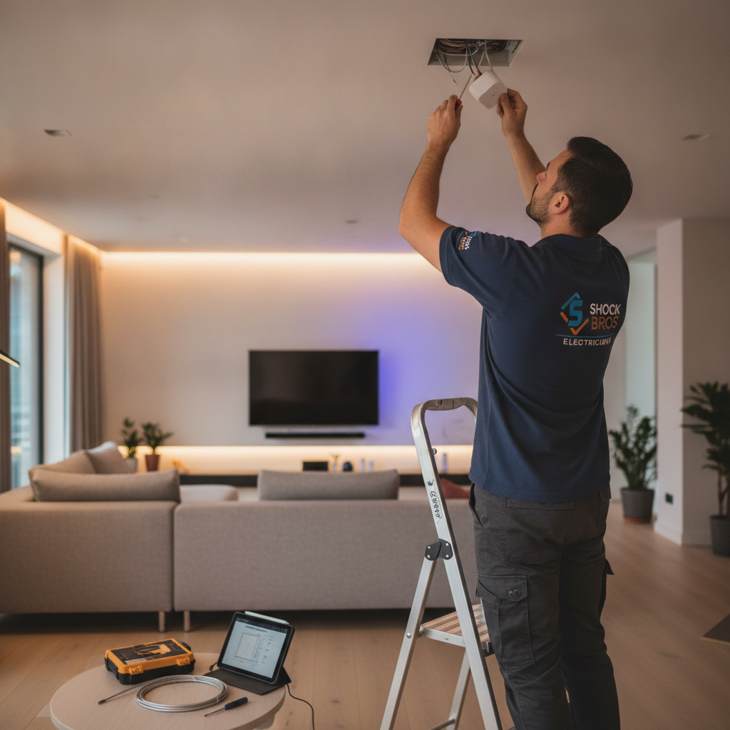 Electrician installing a modern smart home lighting system in a living room