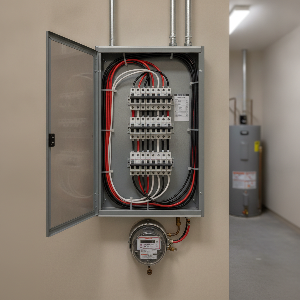 Modern high-capacity electrical breaker panel installed in a residential utility room