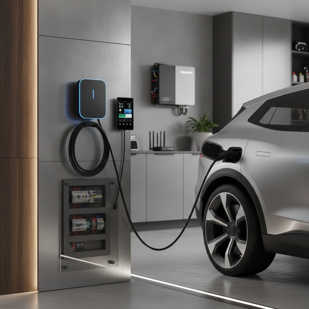 EV charger installed in a modern smart home garage with sleek electrical setup