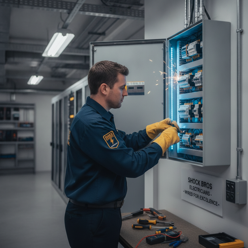 Professional electrician fixing electrical panel with glowing lights
