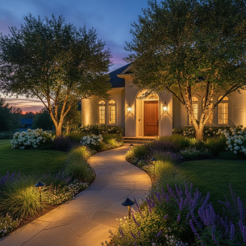 Elegant landscape lighting illuminating a garden pathway and home exterior at dusk