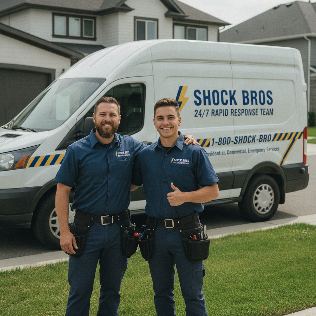 Two professional Shock Bros electricians in uniform, smiling and standing in front of their service van