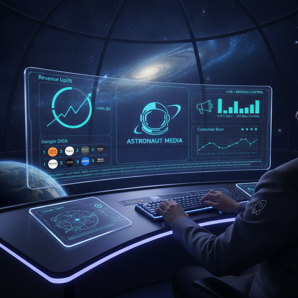 Astronaut Media mission control dashboard showing real-time small business growth analytics, Google rankings, and customer review trends
