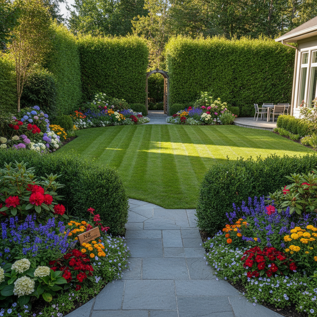Beautifully manicured Surrey backyard with lush green lawn, trimmed cedar hedges, stone pathway and colorful garden beds maintained by NZ Landscaping