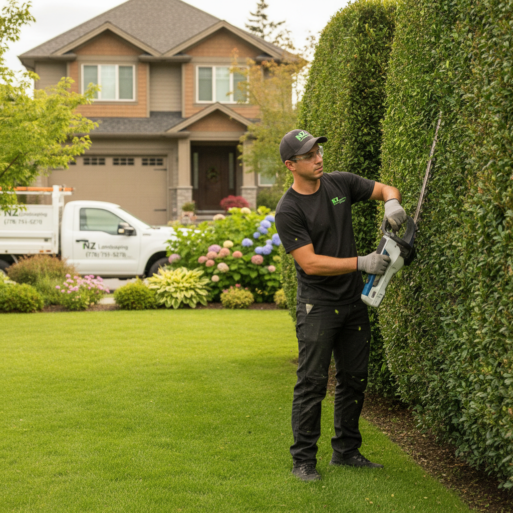 Professional NZ Landscaping crew member trimming hedges and maintaining a beautiful residential yard in Surrey BC