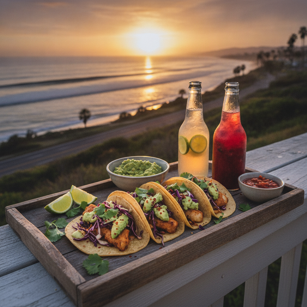 A tray of fresh tacos and cold drinks on a wooden railing with the Malibu sunset over the ocean in the background