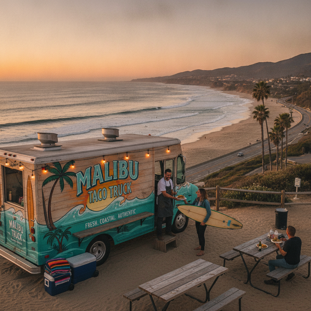 The Malibu Taco Truck parked with a beautiful Malibu beach backdrop