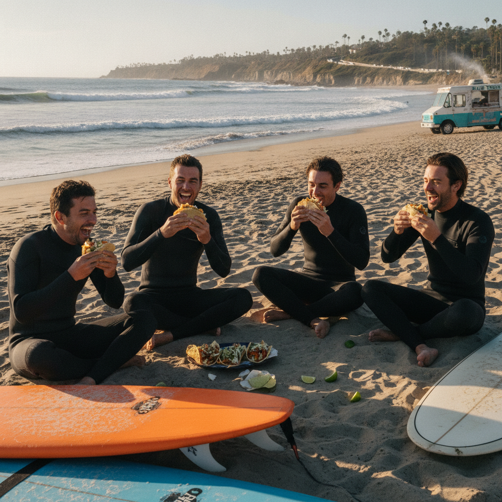 A group of surfers in wetsuits laughing and eating tacos on a sunny Malibu beach with surfboards nearby
