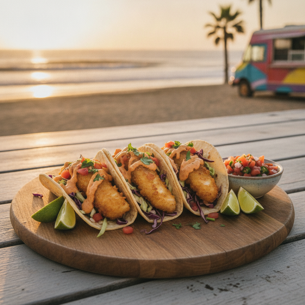 A beautifully plated trio of Baja Fish Tacos with fresh lime and salsa