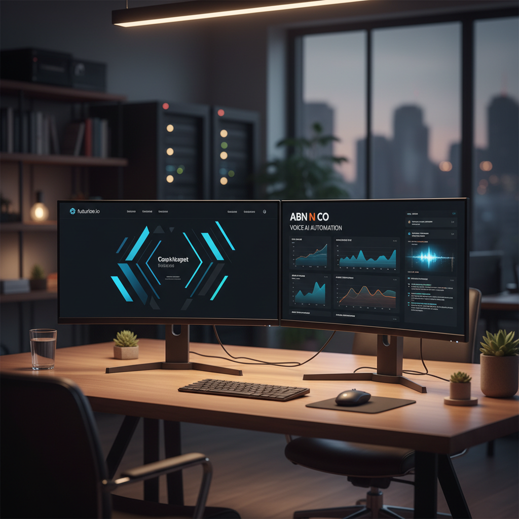 Modern tech workspace with dual monitors displaying custom websites and ABN N CO Voice AI automation dashboards