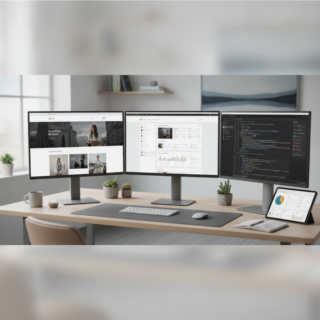 Modern web development workspace showcasing custom website design, e-commerce dashboards, SEO analytics, and clean code on multiple screens