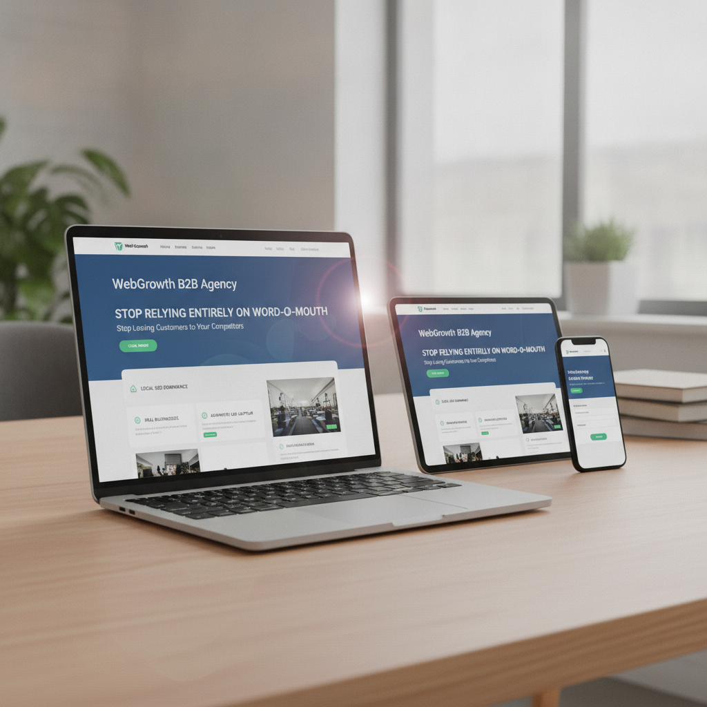 A sleek, professional website mockup displayed on a laptop, tablet, and smartphone