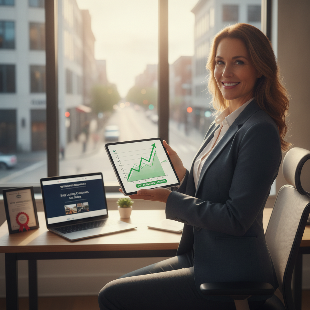 Confident local business owner smiling while reviewing an upward sales chart on a modern tablet after launching their new lead-generating website